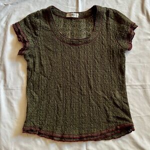 Natural life olive lace top with brown piping size small